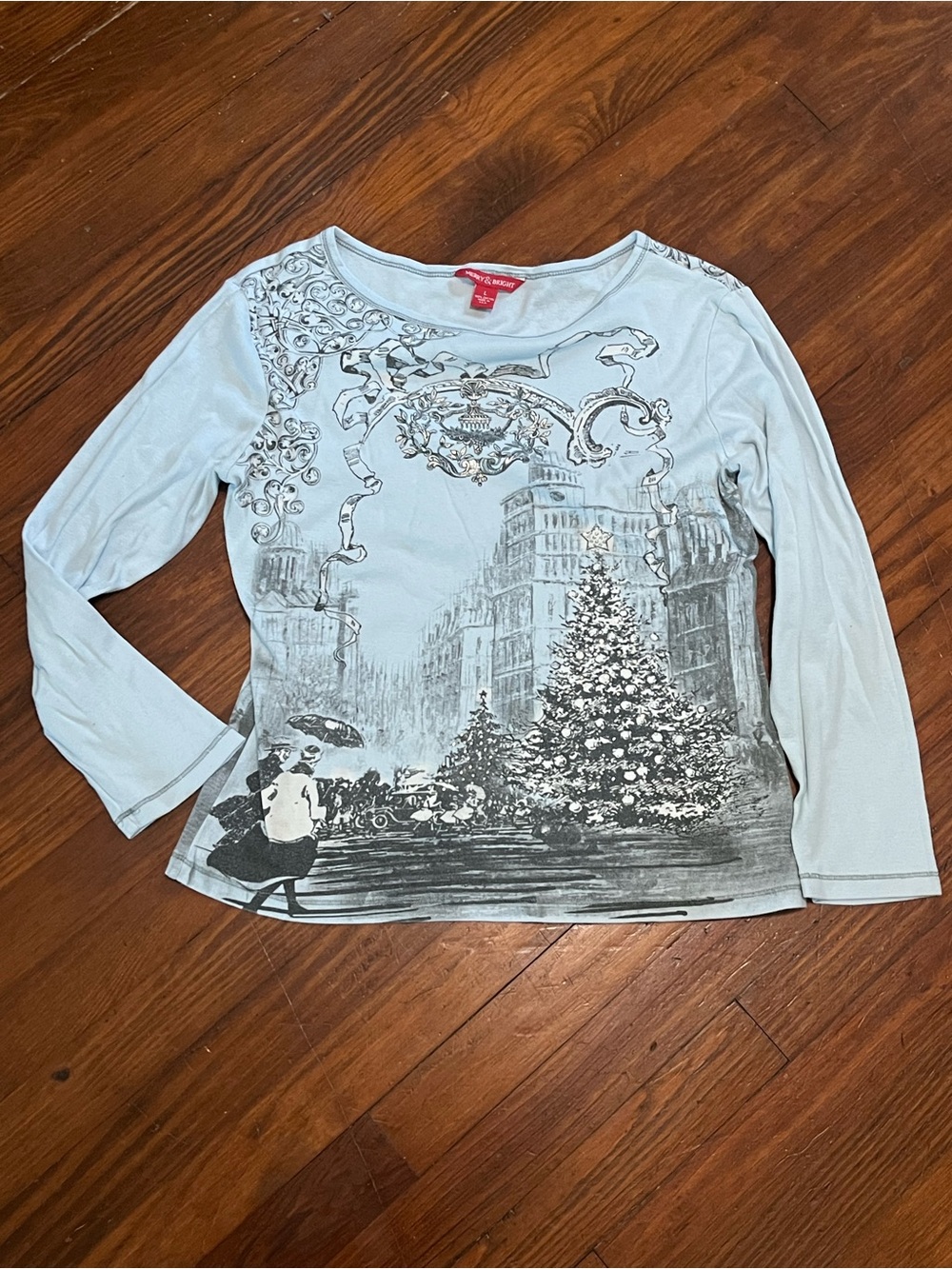 Merry & Bright Women’s Blue Long-Sleeve Graphic Holiday Christmas Top Large